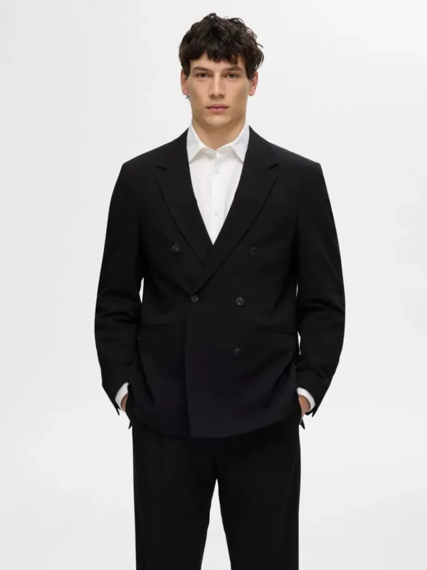 Jakkesæt & Blazers>SELECTED AFSLAPPET PASFORM DOBBELTRADET BLAZER Black