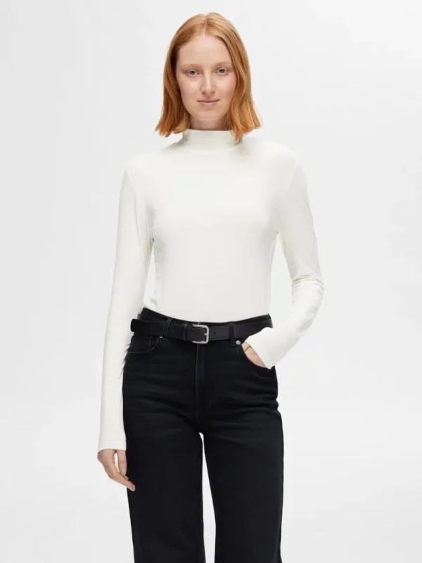 T-shirts>SELECTED BASIC HØJ HALS TOP MED LANGE ÆRMER White