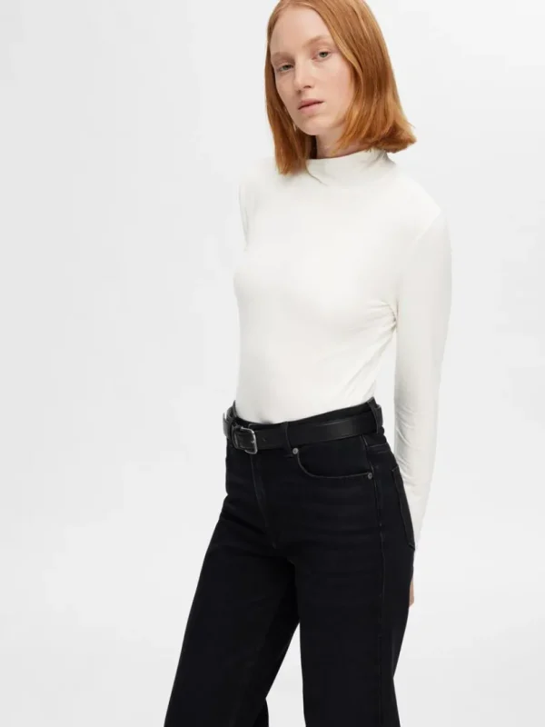 T-shirts>SELECTED BASIC HØJ HALS TOP MED LANGE ÆRMER White