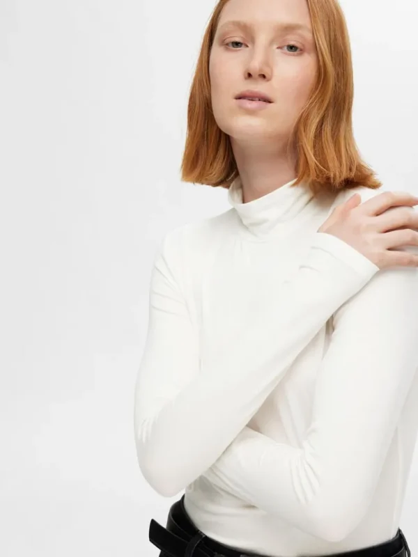 T-shirts>SELECTED BASIC HØJ HALS TOP MED LANGE ÆRMER White