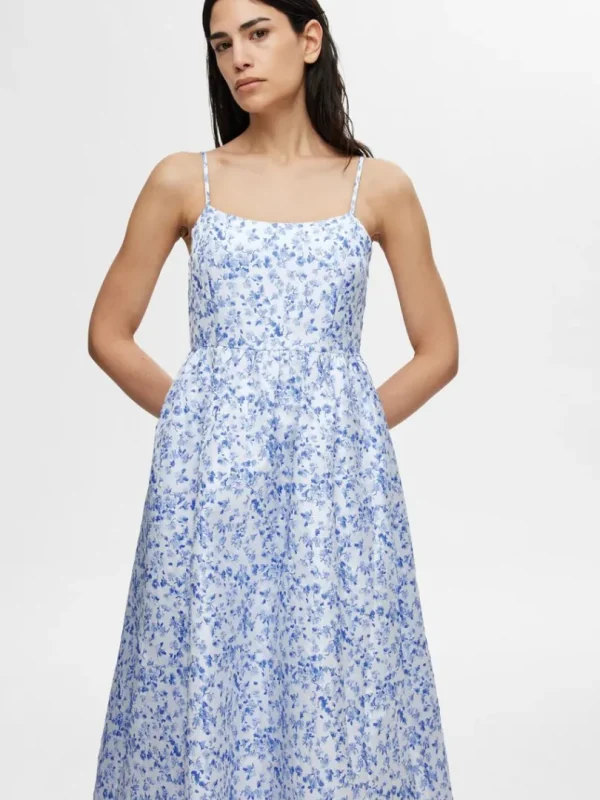 Kjoler>SELECTED BLOMSTERPRINTET ÆRMELØS MIDIKJOLE Blue