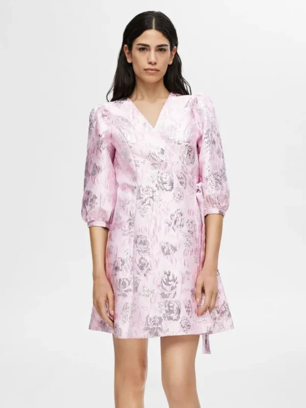Kjoler>SELECTED BLOMSTRET JACQUARD SLÅ OM KJOLE Pink