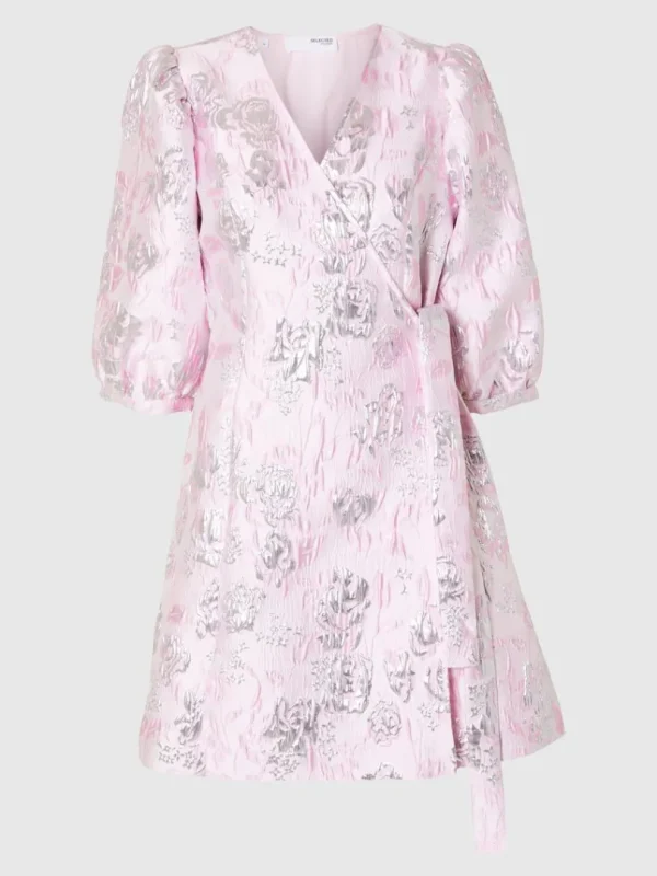 Kjoler>SELECTED BLOMSTRET JACQUARD SLÅ OM KJOLE Pink