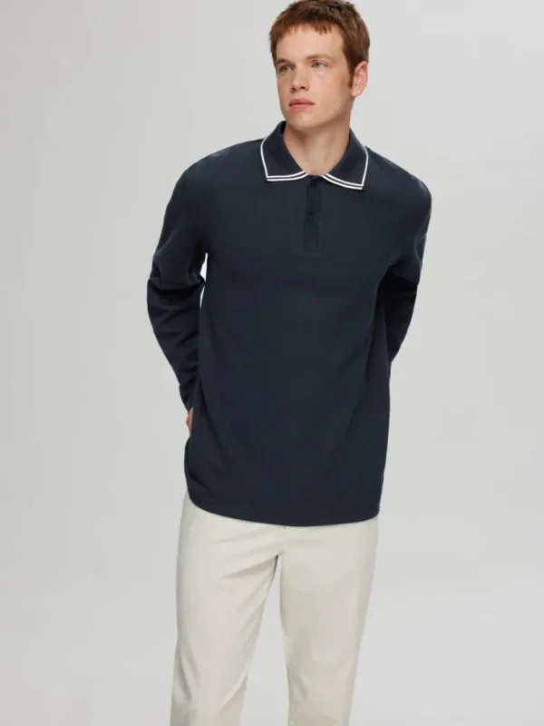 Poloer>SELECTED 100% BOMULD LANGÆRMET POLO Blue