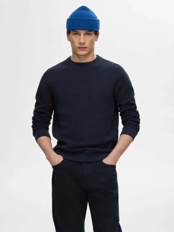 Strik>SELECTED 100% BOMULD SWEATER MED RUND HALS Blue