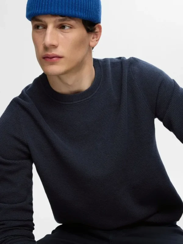 Strik>SELECTED 100% BOMULD SWEATER MED RUND HALS Blue