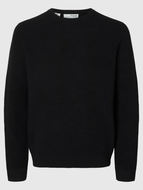 Strik>SELECTED 100% BOMULD SWEATER MED RUND HALS Black
