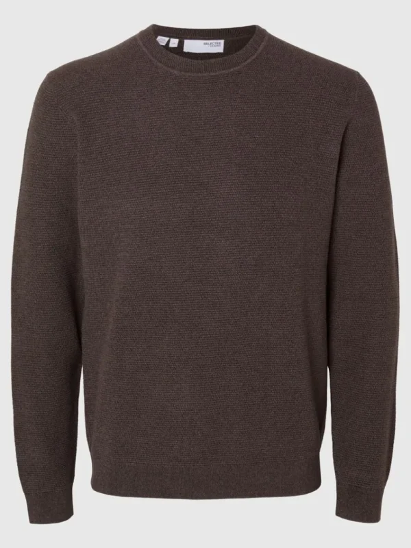 Strik>SELECTED 100% BOMULD SWEATER MED RUND HALS Brown