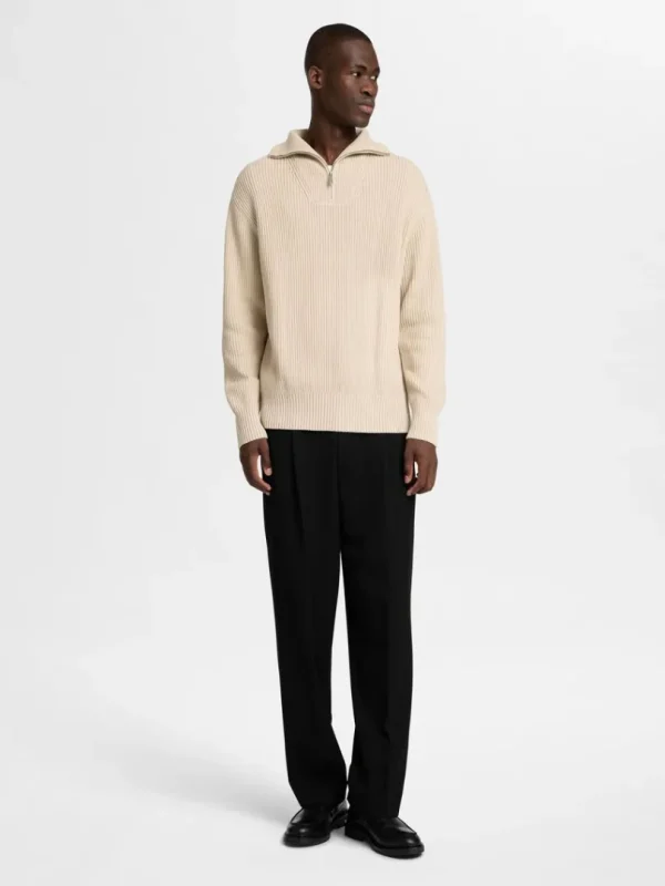 Strik>SELECTED 100% BOMULD TRØJE MED HALV LYNLÅS Beige