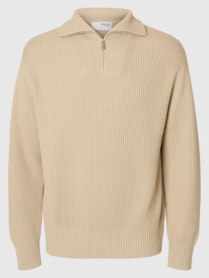 bomuld_trje_med_halv_lyn_4-1.webp Strik>SELECTED 100% BOMULD TRØJE MED HALV LYNLÅS Beige