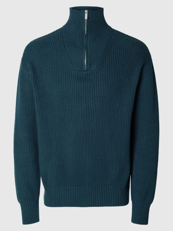 Strik>SELECTED 100% BOMULD TRØJE MED HALV LYNLÅS Blue
