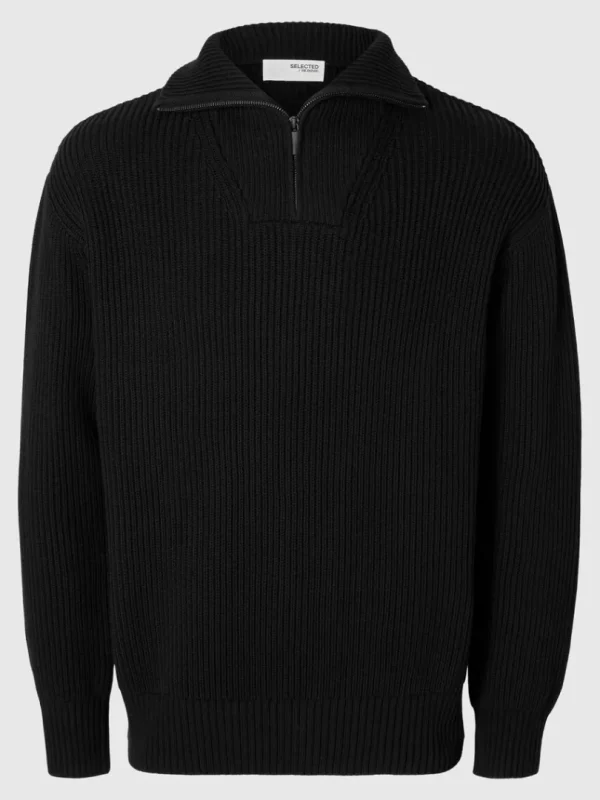 Strik>SELECTED 100% BOMULD TRØJE MED HALV LYNLÅS Black