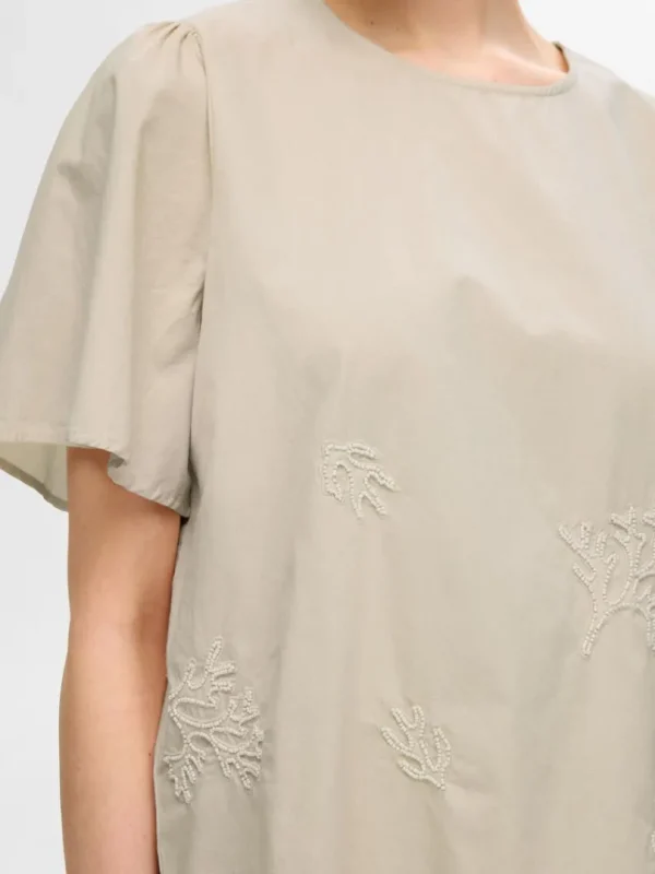 Toppe Og Bluser>SELECTED BRODERET TOP MED KORTE ÆRMER Beige