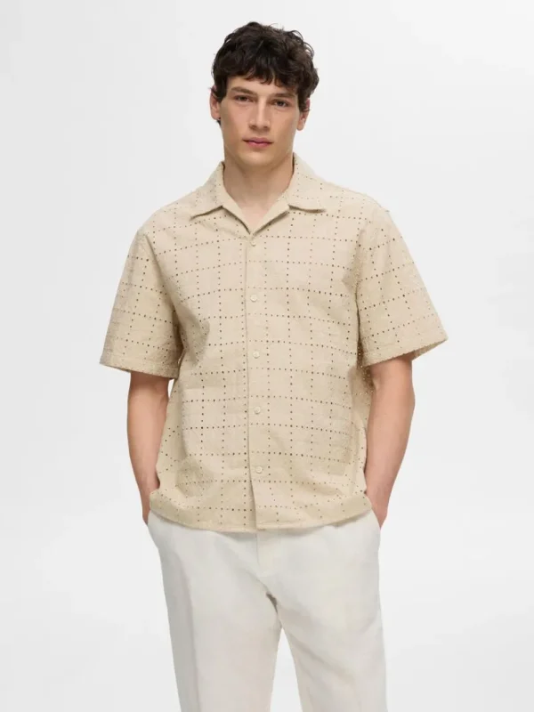 Skjorter>SELECTED BRODERIE ANGLAISE KORTÆRMET SKJORTE Beige