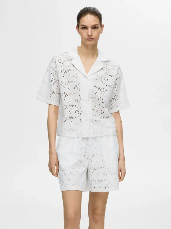 Skjorter>SELECTED BRODERIE ANGLAISE KORTÆRMET SKJORTE White