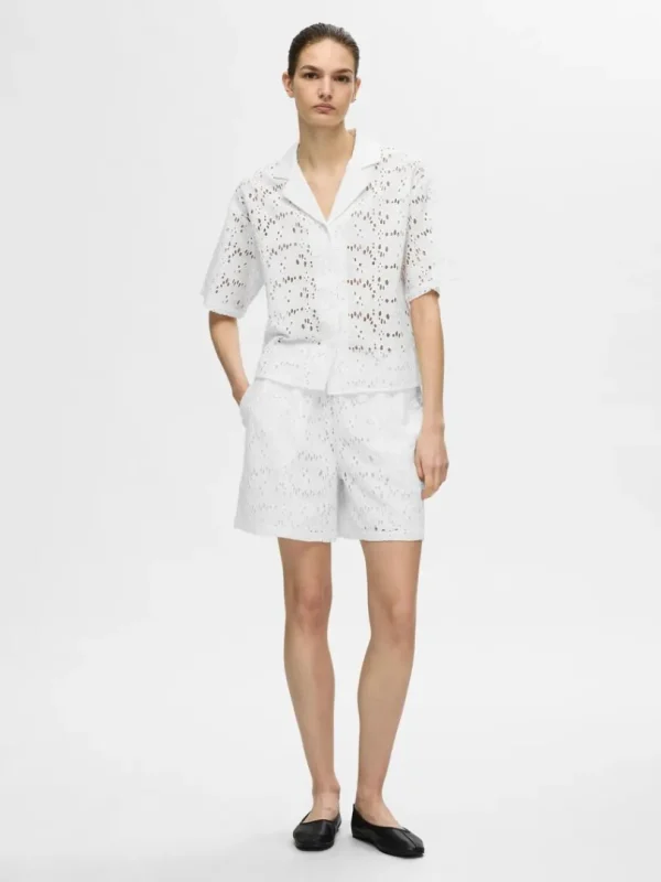 Skjorter>SELECTED BRODERIE ANGLAISE KORTÆRMET SKJORTE White