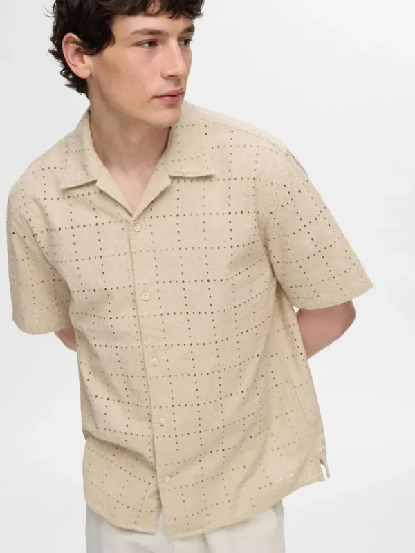 Skjorter>SELECTED BRODERIE ANGLAISE KORTÆRMET SKJORTE Beige
