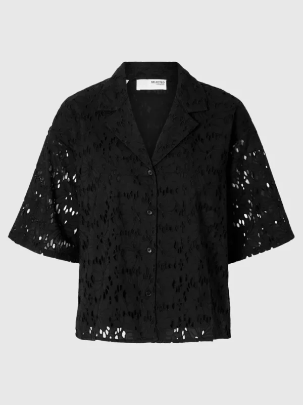 Skjorter>SELECTED BRODERIE ANGLAISE KORTÆRMET SKJORTE Black