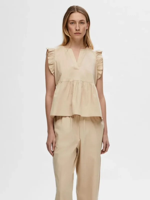 Toppe Og Bluser>SELECTED FLÆSET TOP Beige