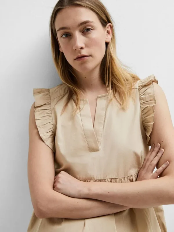 Toppe Og Bluser>SELECTED FLÆSET TOP Beige