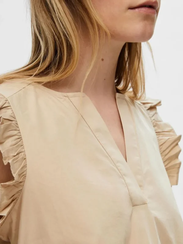 Toppe Og Bluser>SELECTED FLÆSET TOP Beige