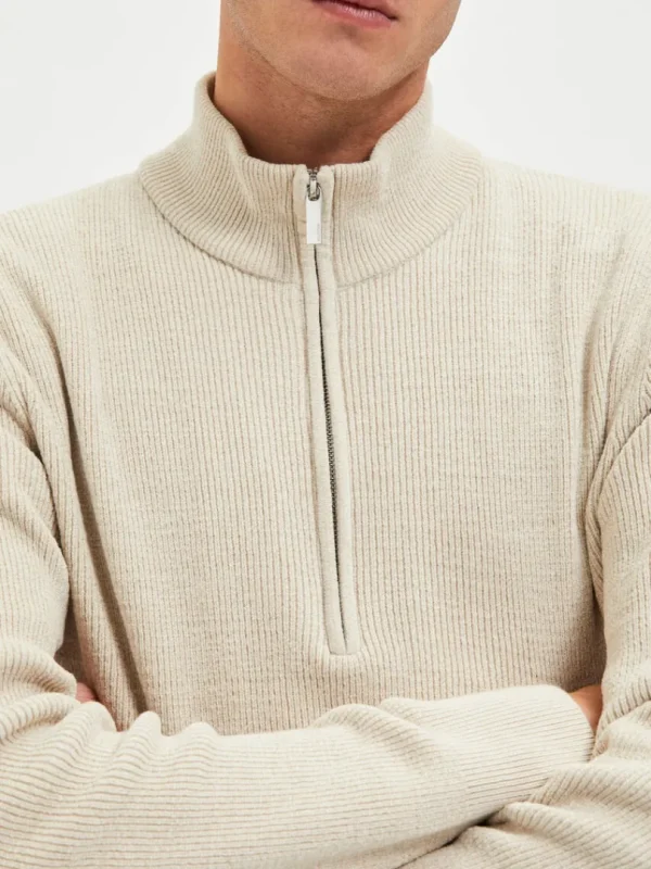 Strik>SELECTED HALF ZIP PULLOVER Beige