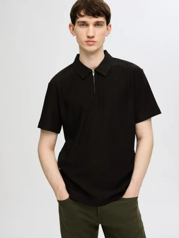 Poloer>SELECTED HALV LYNLÅS PLISSÉ POLO Black