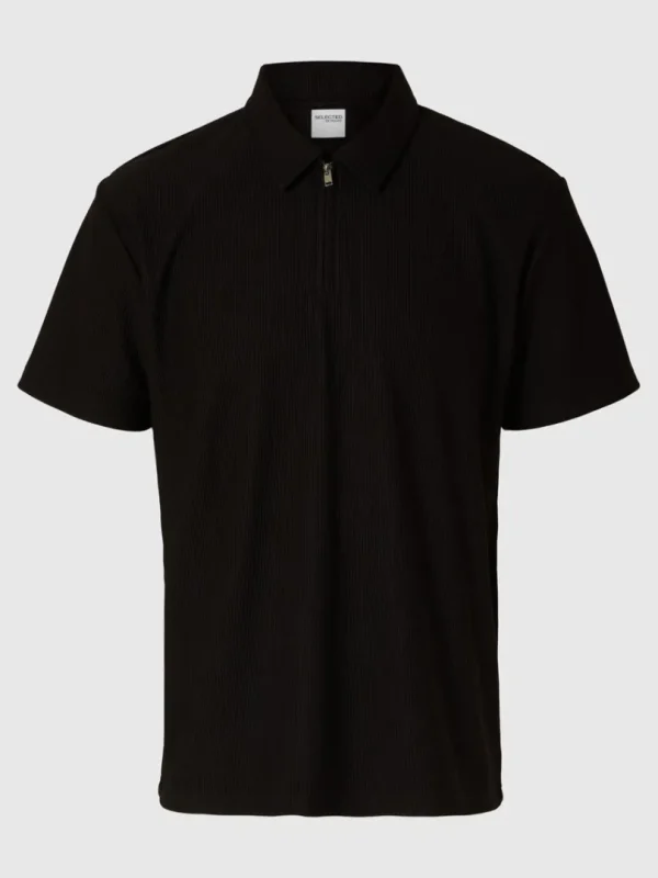 Poloer>SELECTED HALV LYNLÅS PLISSÉ POLO Black