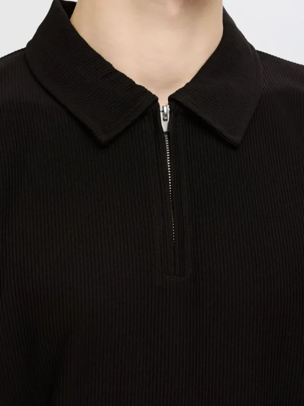 Poloer>SELECTED HALV LYNLÅS PLISSÉ POLO Black