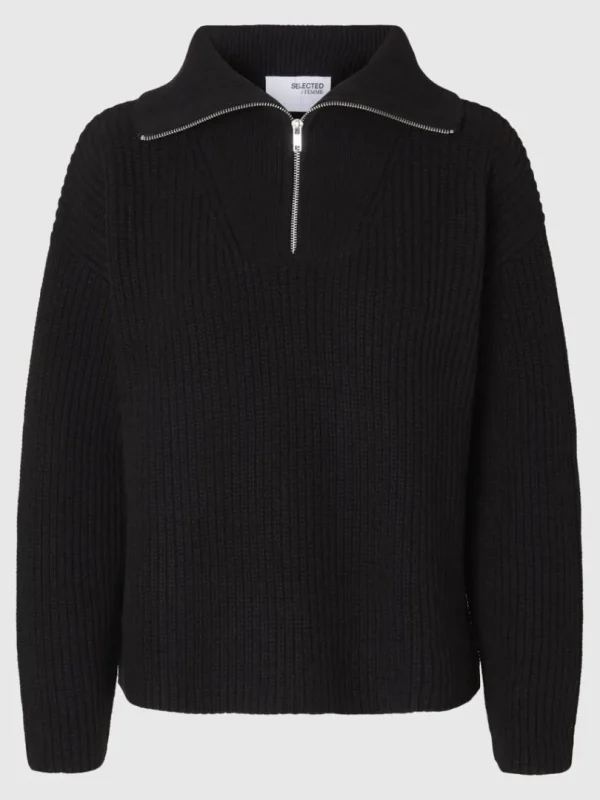 Strik>SELECTED HALV LYNLÅS PULLOVER Black