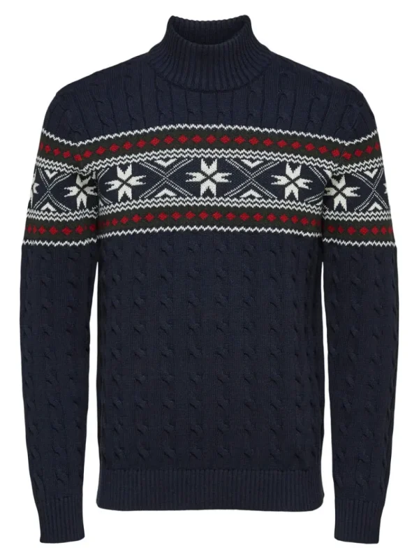 Strik>SELECTED - HØJ HALS JULESWEATER Blue