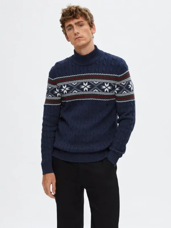 Strik>SELECTED - HØJ HALS JULESWEATER Blue
