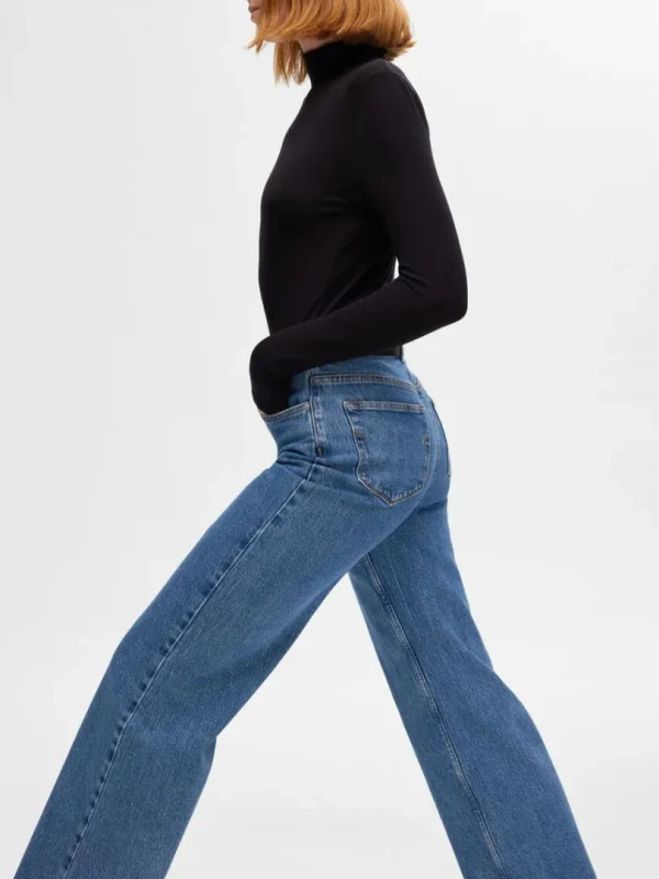 Jeans>SELECTED HØJTALJET JEANS MED VIDE BEN Blue