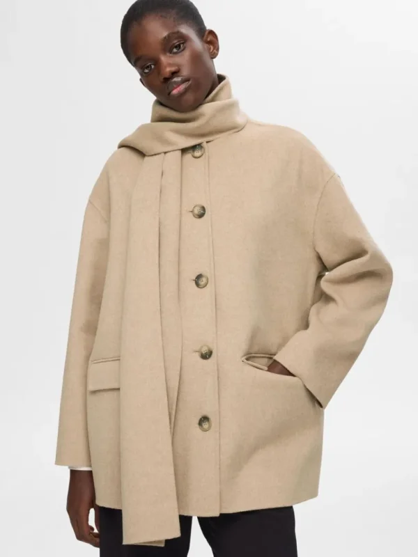 Overtøj>SELECTED INDBYGGET HALSTØRKLÆDE JAKKE Beige