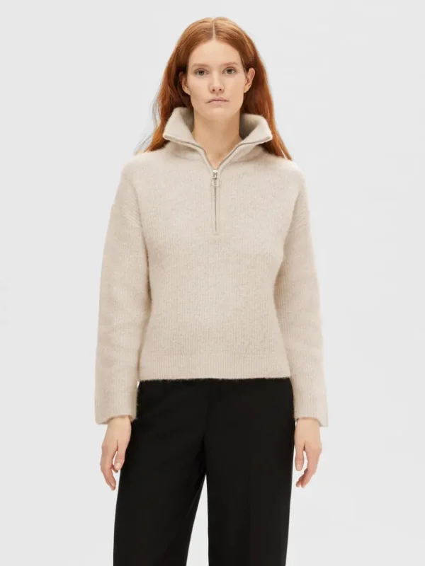 Strik>SELECTED KORT LYNLÅS PULLOVER Beige