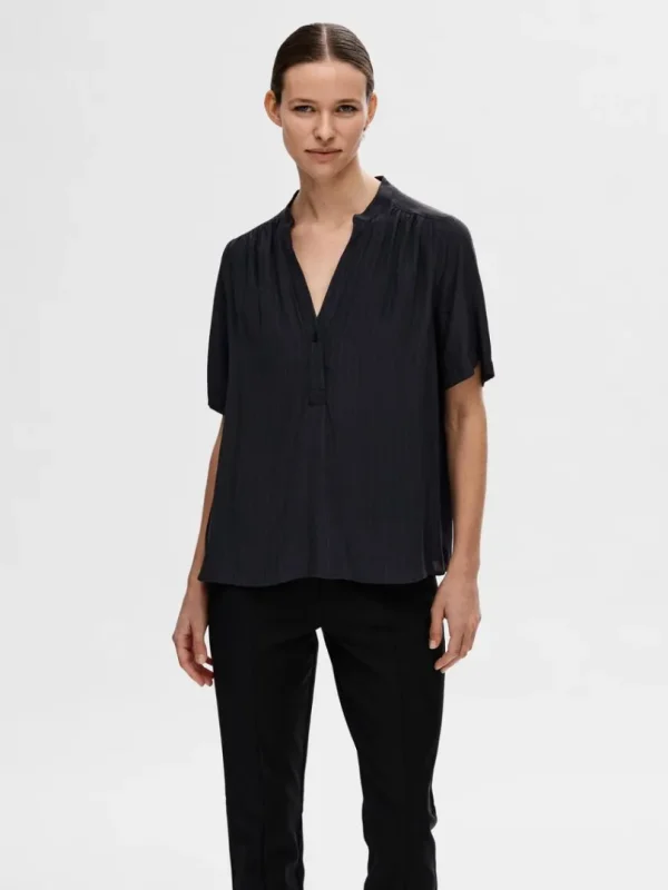 Toppe Og Bluser>SELECTED KORTÆRMET BLUSE Blue