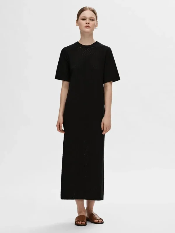 Kjoler | Strik>SELECTED KORTÆRMET STRIKKET MIDIKJOLE Black