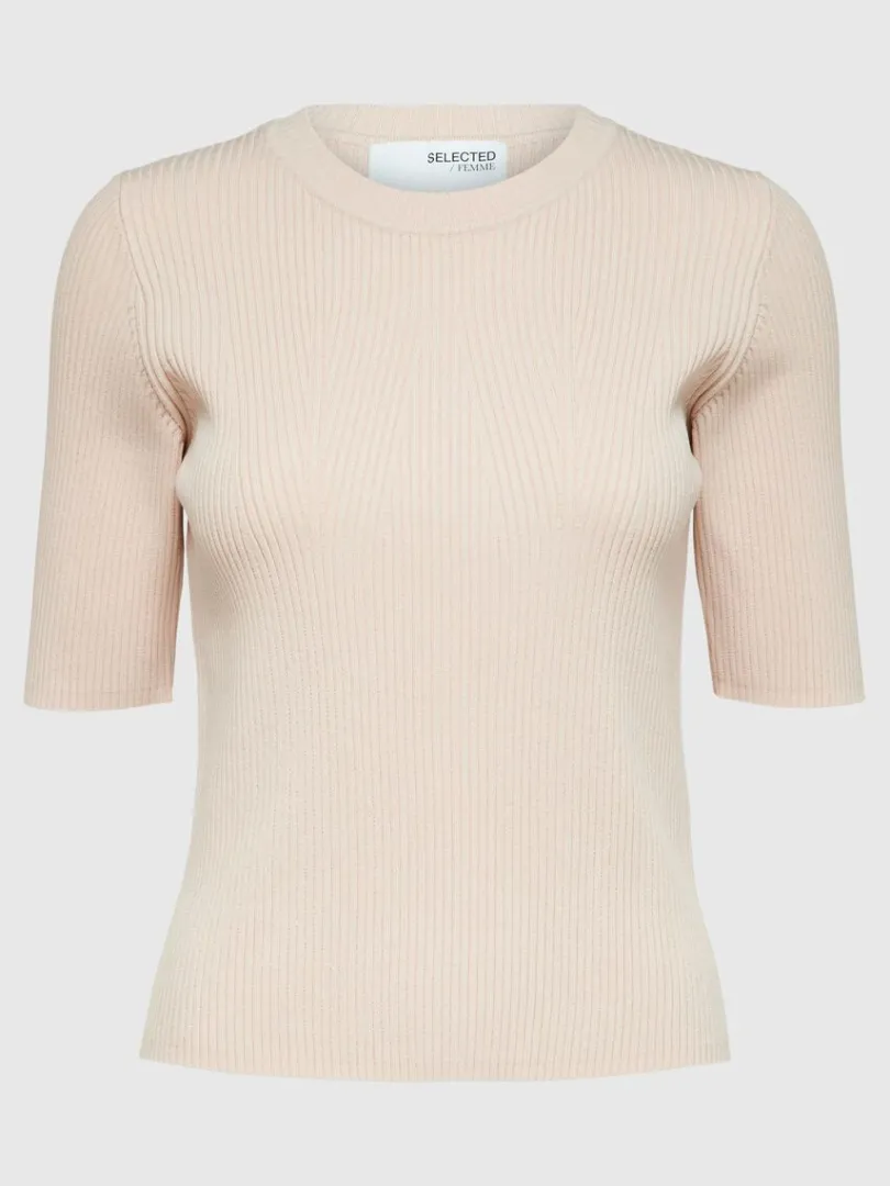 kortrmet_strikket_top_5-15.webp T-shirts | Toppe Og Bluser>SELECTED KORTÆRMET STRIKKET TOP Beige