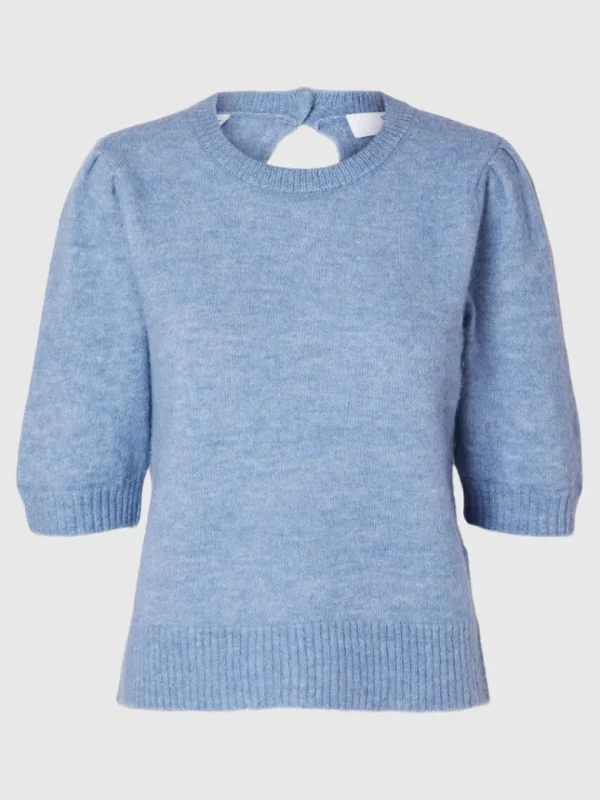 Strik>SELECTED KORTÆRMET STRIKKET TOP Blue