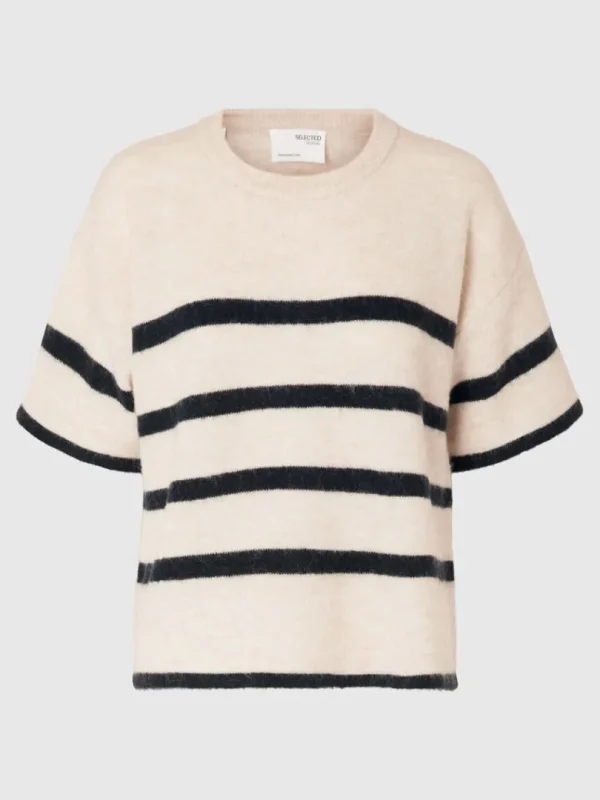 Strik>SELECTED KORTÆRMET STRIKKET TOP Beige