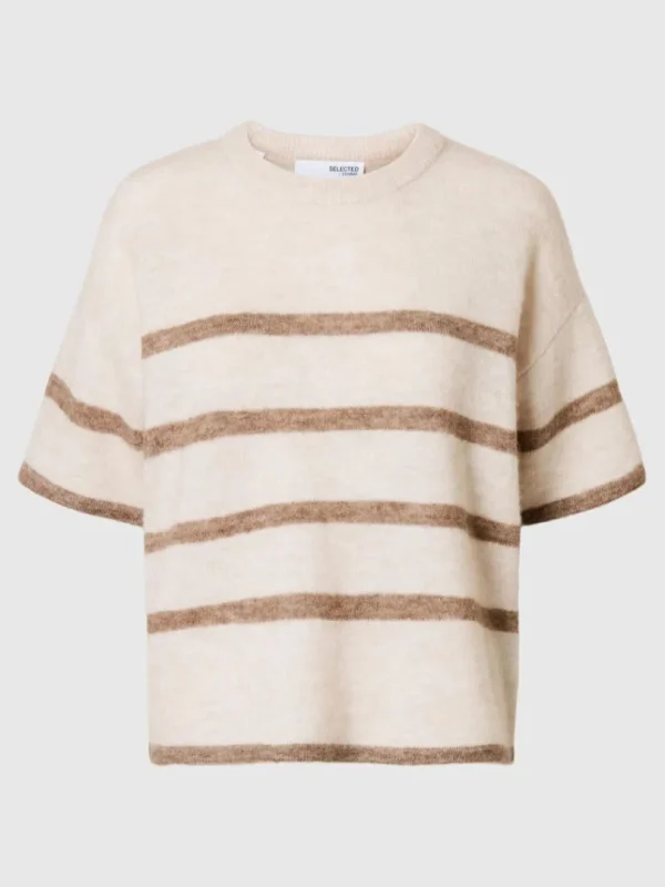 Strik>SELECTED KORTÆRMET STRIKKET TOP Beige