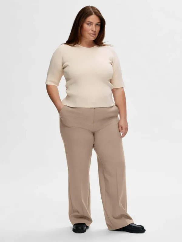 T-shirts | Toppe Og Bluser>SELECTED KORTÆRMET STRIKKET TOP Beige