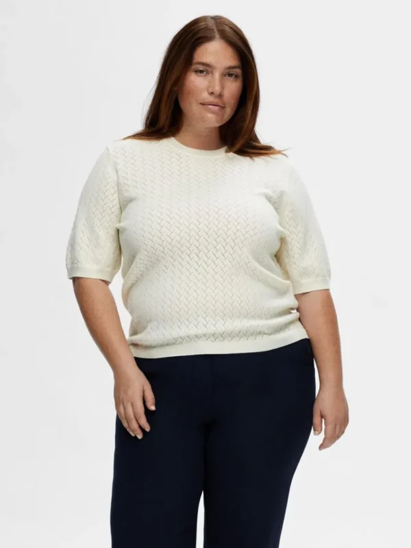 Strik>SELECTED KORTÆRMET STRIKKET TOP Beige