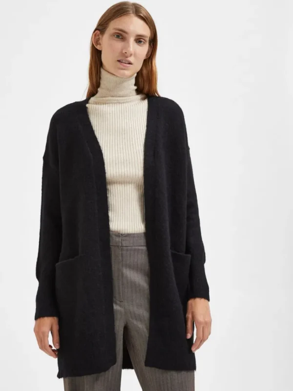 Strik>SELECTED LANG STRIKKET CARDIGAN Black
