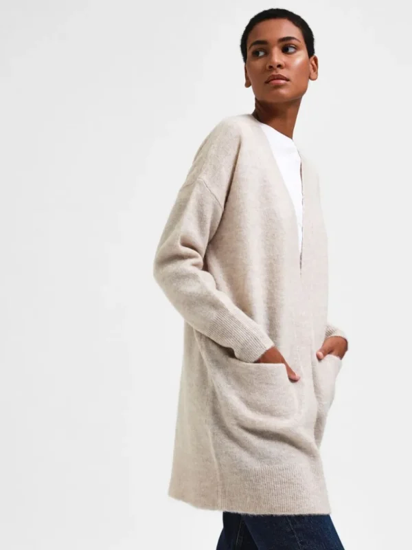 Strik>SELECTED LANG STRIKKET CARDIGAN Beige