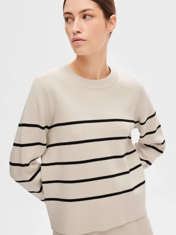 Strik>SELECTED LANGÆRMET BOMULD STRIKTRØJE Beige