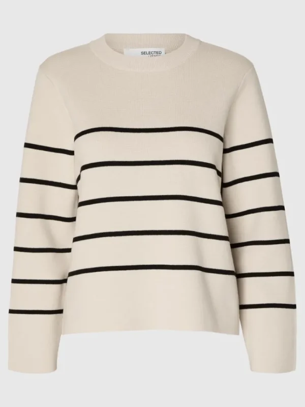 Strik>SELECTED LANGÆRMET BOMULD STRIKTRØJE Beige