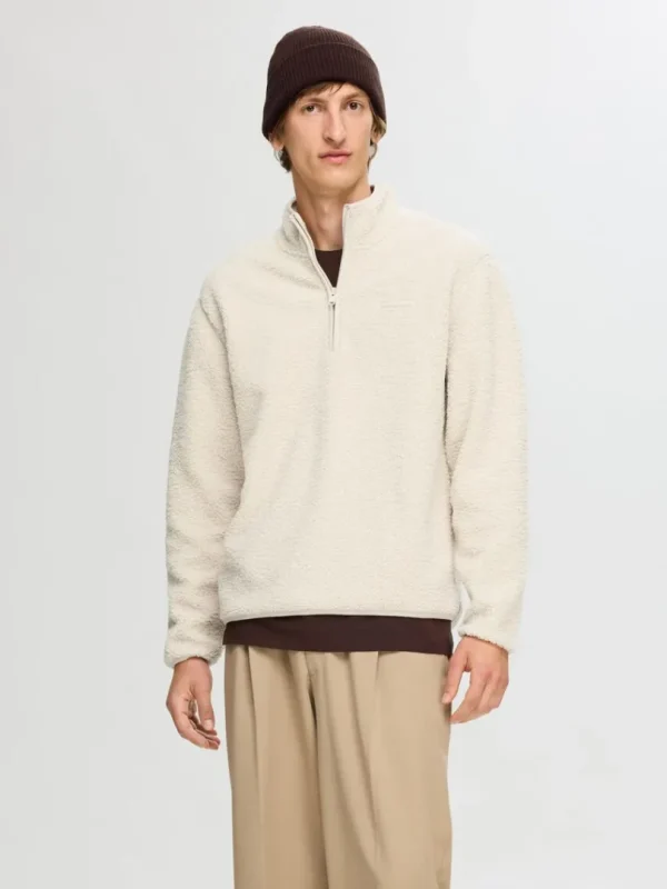 Hættetrøjer & Sweatshirts>SELECTED LANGÆRMET FLEECE MED HALV LYNLÅS Beige