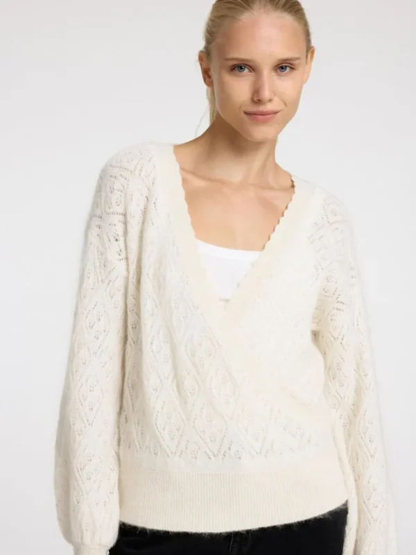 Strik>SELECTED LANGÆRMET SLÅ OM-CARDIGAN White