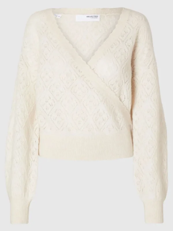 Strik>SELECTED LANGÆRMET SLÅ OM-CARDIGAN White